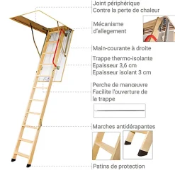 Echelle escamotable bois - Trémie de 60 x 140cm - Hauteur de 2.46 à 3.05m - LWK60140-3