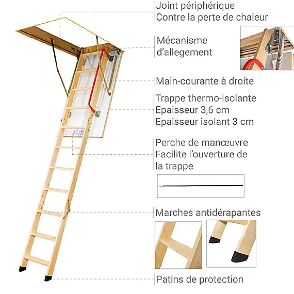 Echelle escamotable bois - Trémie de 60 x 140cm - Hauteur de 2.46 à 3.05m - LWK60140-3