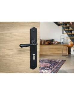 Ensemble de poignées pour porte d'entrée Charon trou de cylindre, carré 7mm, entr'axes 195mm, acier patiné - THIRARD