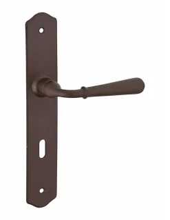 Ensemble de poignées pour porte de chambre Charon trou de clé, carré 7mm, entr'axes 195mm, acier rouillé - THIRARD
