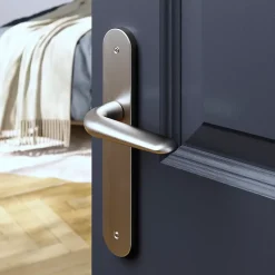 Ensemble poignée sur plaque Droit GoodHome Mehaban effet nickel satin gris L.120mm x l.40mm entraxe 195mm