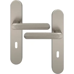 Ensemble poignée sur plaque rond serrure GoodHome Garlan effet nickel satin gris L.125mm x l.42mm entraxe 165-195mm
