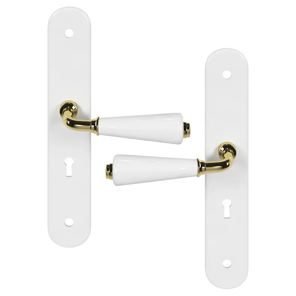Ensemble poignée sur plaque Droit serrure GoodHome Porcelaine Vras blanc L.115mm x l.45mm entraxe 195mm