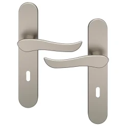 Ensemble poignée sur plaque rond serrure GoodHome Armel effet nickel satin gris L.130mm x l.42mm entraxe 165-195mm