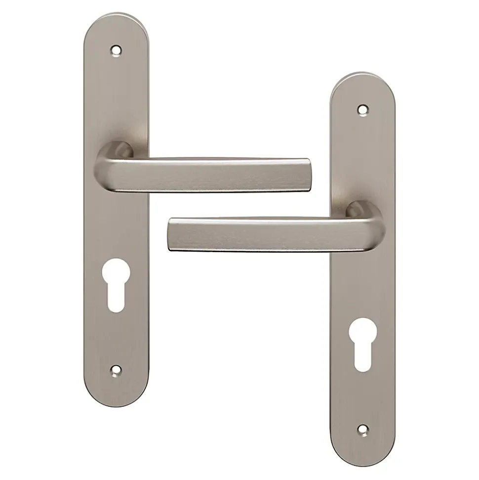 Ensemble poignée sur plaque Incurvé cylindre GoodHome Primel effet nickel satin gris L.126mm x l.40mm entraxe 195mm