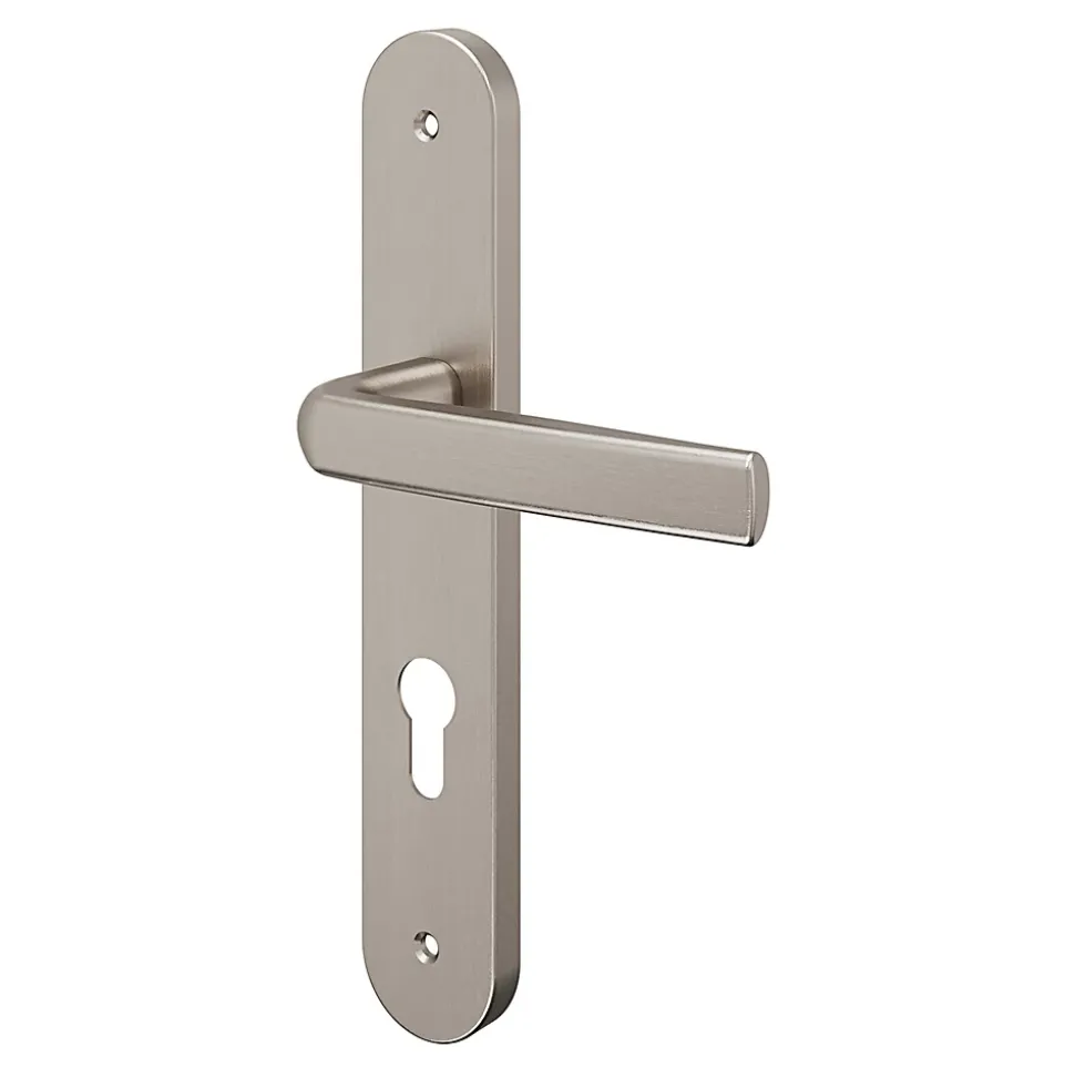 Ensemble poignée sur plaque Incurvé cylindre GoodHome Primel effet nickel satin gris L.126mm x l.40mm entraxe 195mm