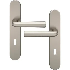 Ensemble poignée sur plaque rond serrure GoodHome Dizel effet nickel satin gris L.121.5mm x l.42mm entraxe 165-195mm
