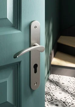 Ensemble poignée sur plaque rondcylindre GoodHome Beare effet nickel satin gris L.110.5mm x l.40mm entraxe 195mm
