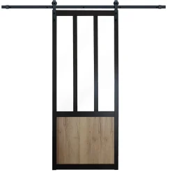 Ensemble porte coulissante noire Mykado 3 vitrages transparents et système de rail