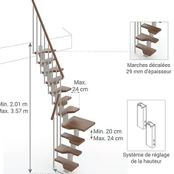 Escalier 1 quart tournant 13 marches - Hauteur à franchir de 2.81 à 3.33m - Largeur 61cm - Couleur noyer et gris -