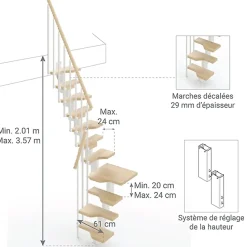 Escalier 1 quart tournant 10 marches - Hauteur à franchir de 2.21 à 2.61m - Largeur 61cm - Couleur naturel et blanc -