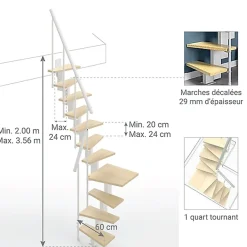 Escalier 1 quart tournant 10 marches - Hauteur à franchir de 2.20 à 2.60m - Largeur 60cm - Couleur bois et blanc -