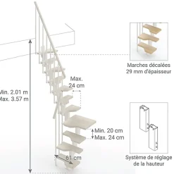 Escalier 1 quart tournant 14 marches - Hauteur à franchir de 3.01 à 3.57m - Largeur 61cm - Couleur bois et blanc -