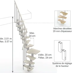 Escalier 1 quart tournant 10 marches - Hauteur à franchir de 2.21 à 2.61m - Largeur 61cm - Couleur bois et blanc -
