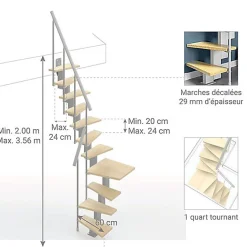 Escalier 1 quart tournant 11 marches - Hauteur à franchir de 2.40 à 2.84m - Largeur 60cm - Couleur bois et blanc -