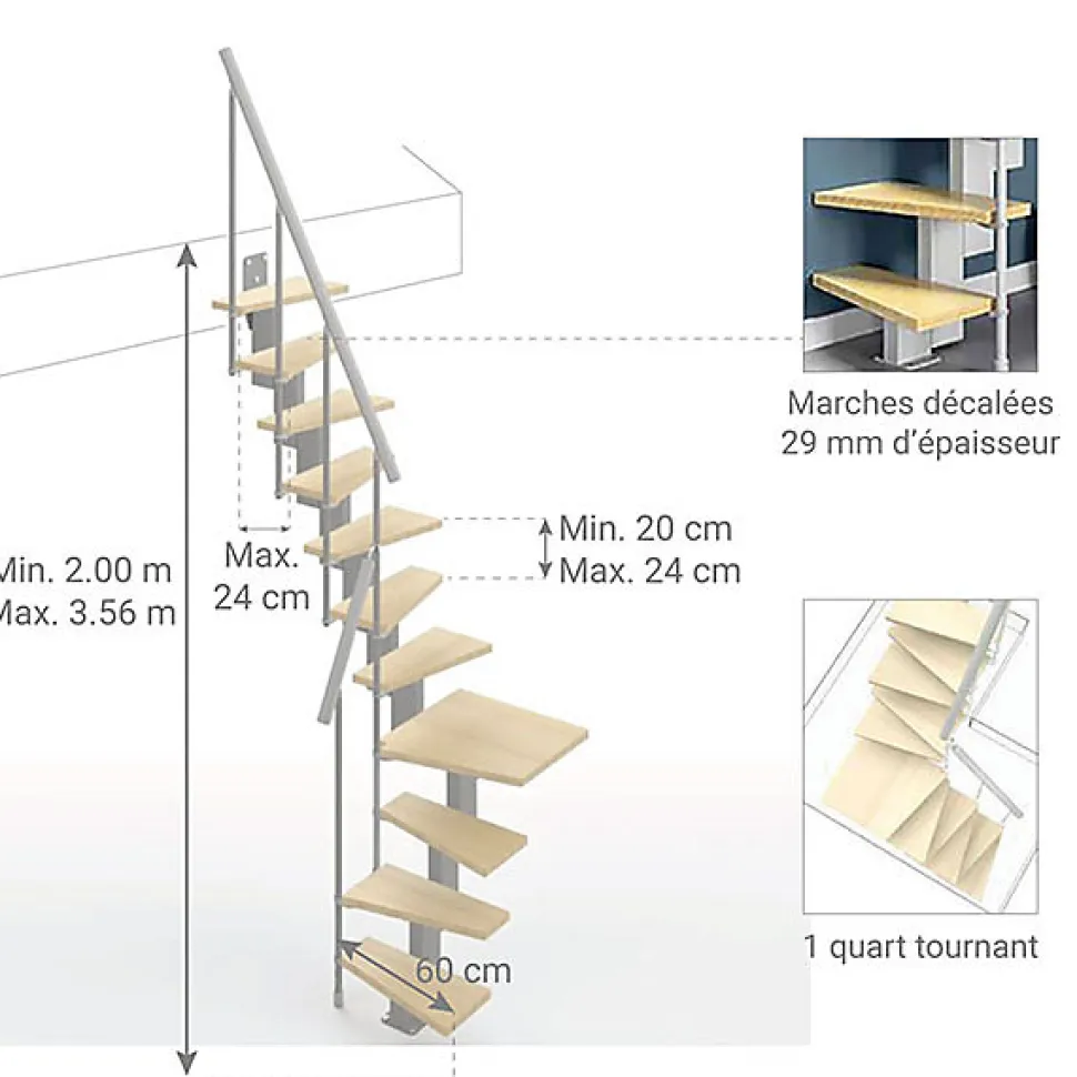Escalier 1 quart tournant 11 marches - Hauteur à franchir de 2.40 à 2.84m - Largeur 60cm - Couleur bois et blanc -