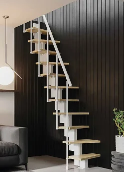 Escalier 1 quart tournant 11 marches - Hauteur à franchir de 2.40 à 2.84m - Largeur 60cm - Couleur bois et blanc -