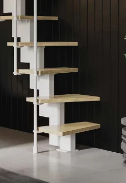Escalier 1 quart tournant 11 marches - Hauteur à franchir de 2.40 à 2.84m - Largeur 60cm - Couleur bois et blanc -