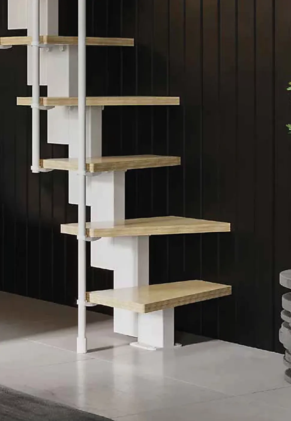 Escalier 1 quart tournant 11 marches - Hauteur à franchir de 2.40 à 2.84m - Largeur 60cm - Couleur bois et blanc -