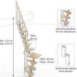 Escalier 1 quart tournant 10 marches - Hauteur à franchir de 2.21 à 2.61m - Largeur 61cm - Couleur naturel et blanc -