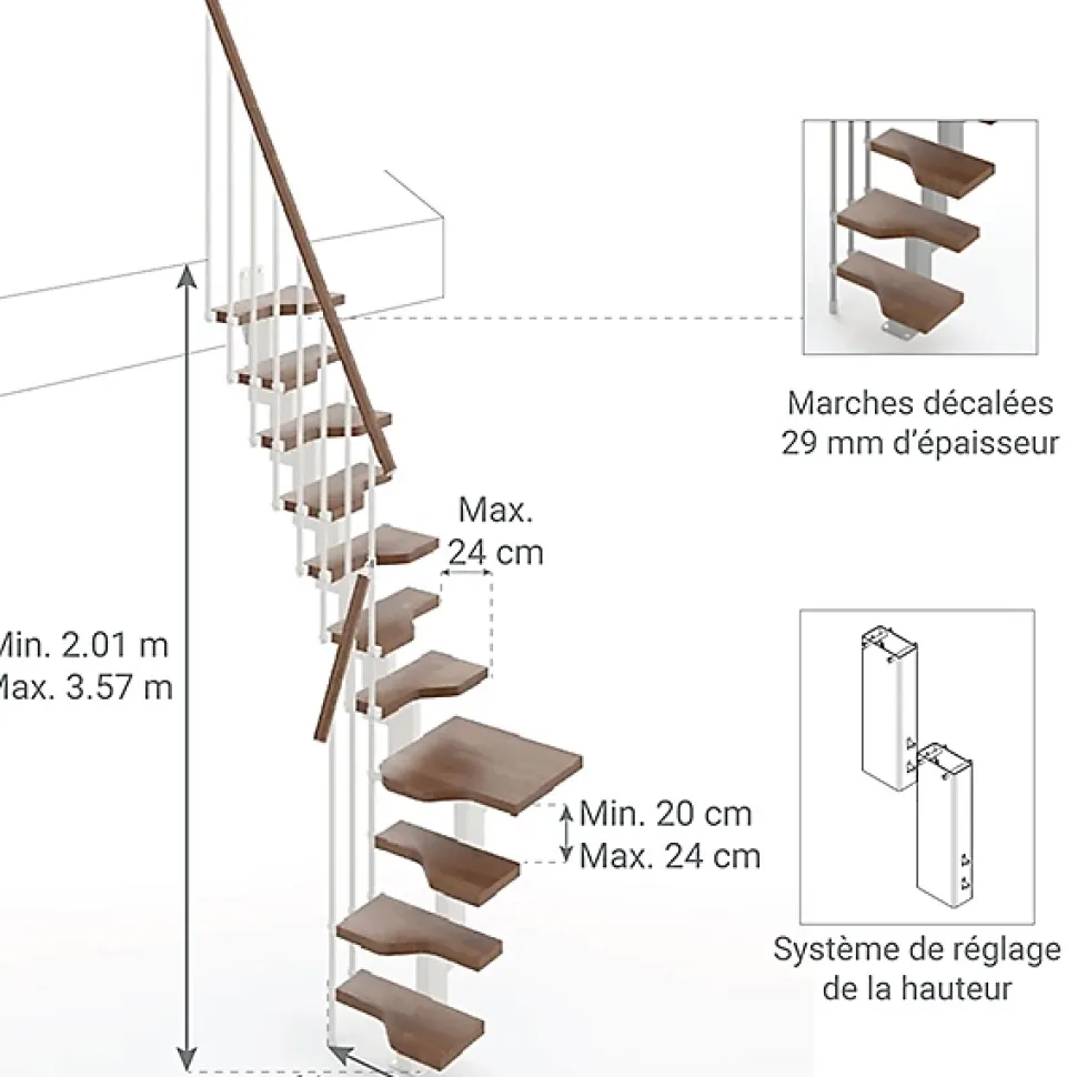 Escalier 1 quart tournant 10 marches - Hauteur à franchir de 2.21 à 2.61m - Largeur 61cm - Couleur noyer et gris -