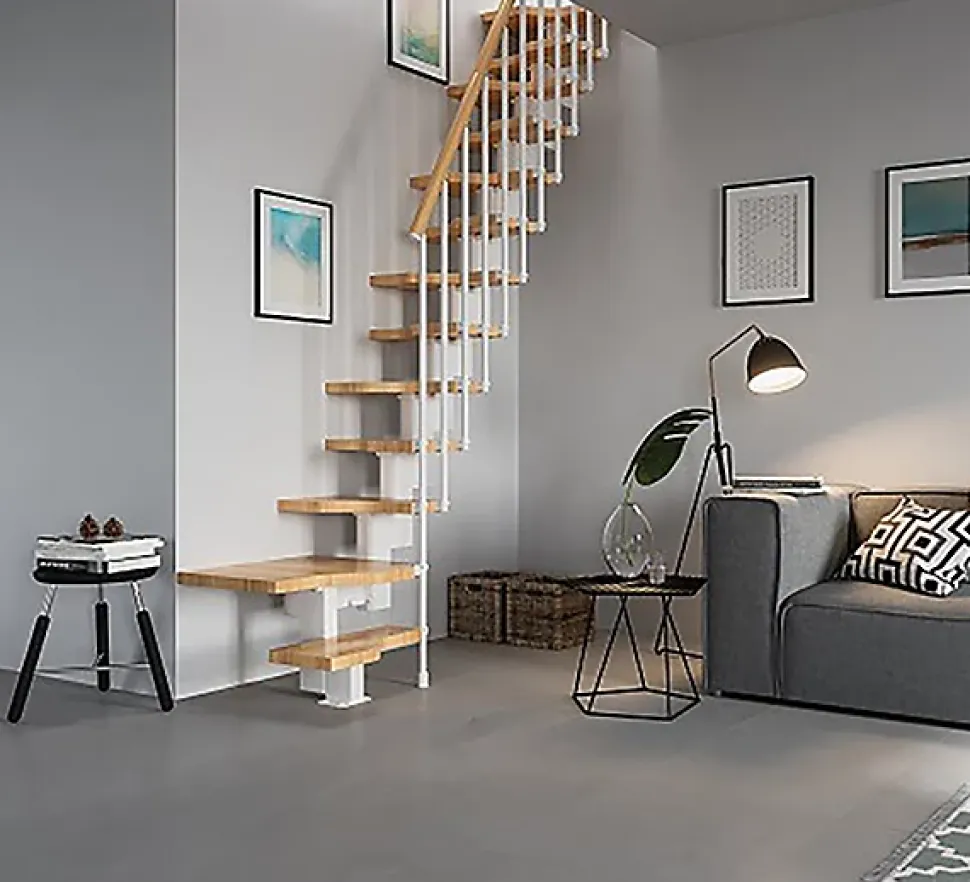 Escalier 1 quart tournant 10 marches - Hauteur à franchir de 2.21 à 2.61m - Largeur 61cm - Couleur bois et blanc -