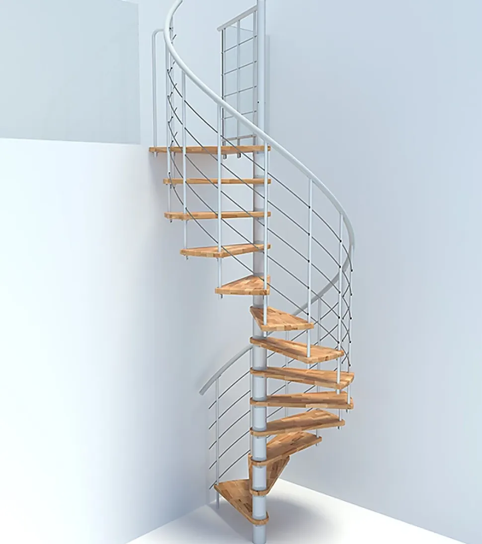 Escalier colimaçon 10 marches - Diamètre 120cm - Hauteur à franchir 1.95 à 2.35m - Blanc et hêtre - VENE120-SBMNAT-10