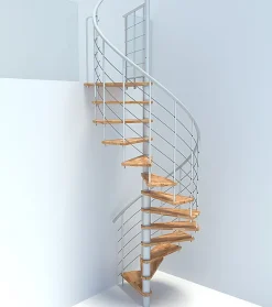 Escalier colimaçon 10 marches - Diamètre 160cm - Hauteur à franchir 1.95 à 2.35m - Structure blanche et marche hêtre -