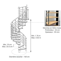 Escalier colimaçon 10 marches - Diamètre 160cm - Hauteur à franchir 1.95 à 2.35m - Structure blanche et marche hêtre -