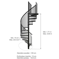 Escalier colimaçon métal 9 marches - Hauteur à franchir 1.71 à 2.12m - Diamètre 120cm - Structure noire et marche noir -