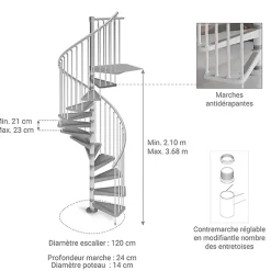 Escalier colimaçon métal 11 marches - Hauteur à franchir 2.31 à 2.53m - Diamètre 120cm - Blanc - GAMIA120/BB-11