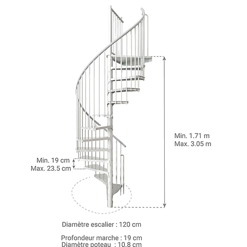 Escalier colimaçon métal 11 marches - Hauteur à franchir 2.09 à 2.59m - Diamètre 120cm - Structure blanche et marche blanche -