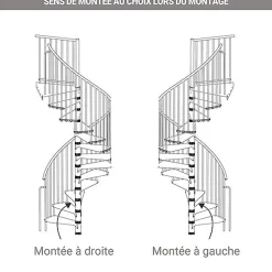 Escalier colimaçon métal 11 marches - Hauteur à franchir 2.09 à 2.59m - Diamètre 120cm - Structure blanche et marche blanche -