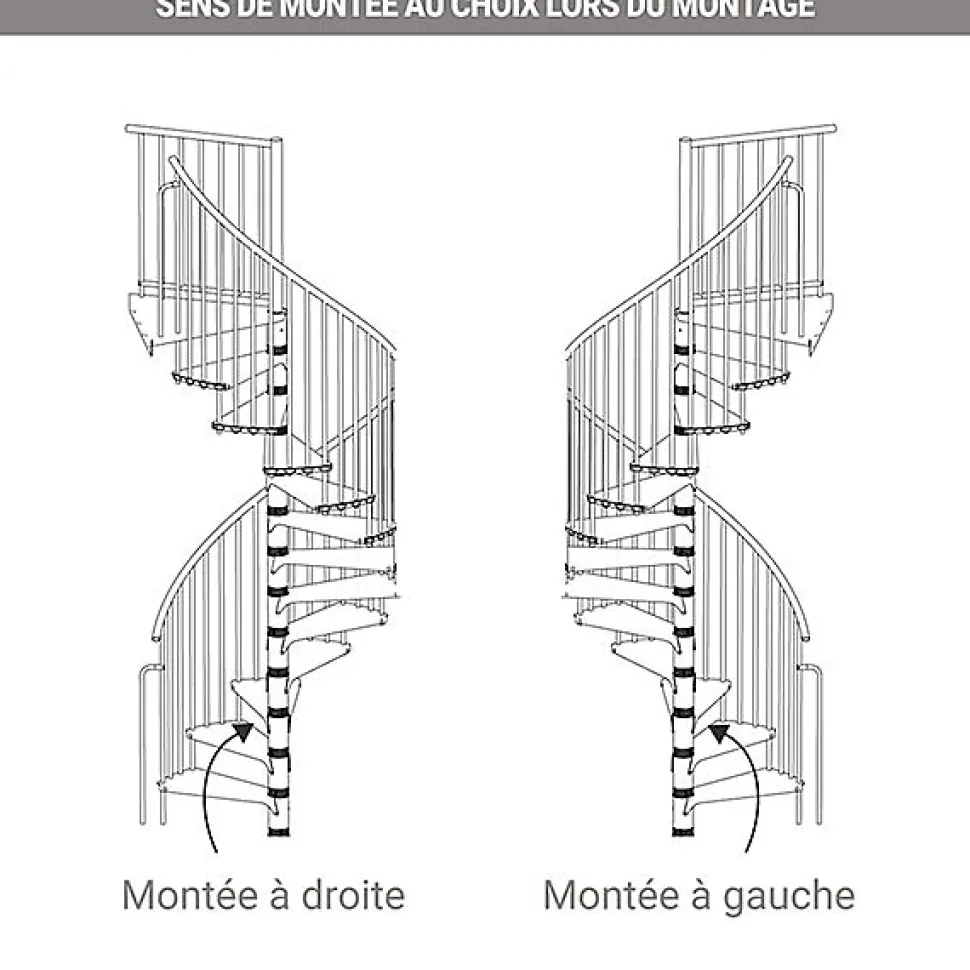 Escalier colimaçon métal 11 marches - Hauteur à franchir 2.09 à 2.59m - Diamètre 120cm - Structure blanche et marche blanche -