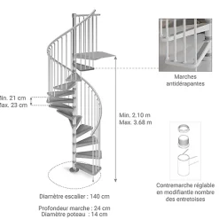 Escalier colimaçon métal 15 marches - Hauteur à franchir 3.15 à 3.45m - Diamètre 140cm - Blanc - GAMIA140/BB-15