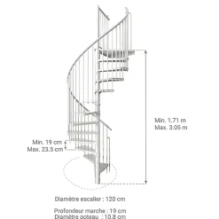 Escalier colimaçon métal 13 marches - Hauteur à franchir 2.47 à 3.05m - Diamètre 120cm - Structure blanche et marche blanche -