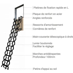 Escalier escamotable mural en métal - Trémie de 70x90cm - Hauteur de 2.25 à 3.25m - ADJM/70/090