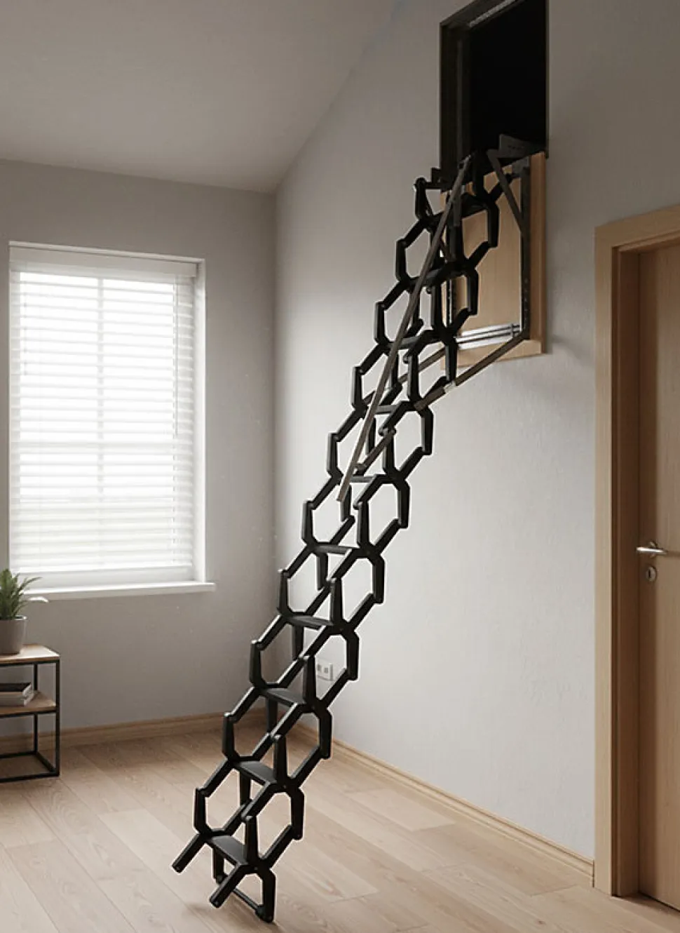 Escalier escamotable mural en métal - Trémie de 80x100cm - Hauteur de 2.25 à 3.25m - ADJM/80/100
