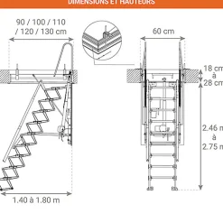 Escalier Grenier Electrique - Trappe 60x90cm - Hauteur 2.46 à 2.75m - ACI-THE275G/90X60