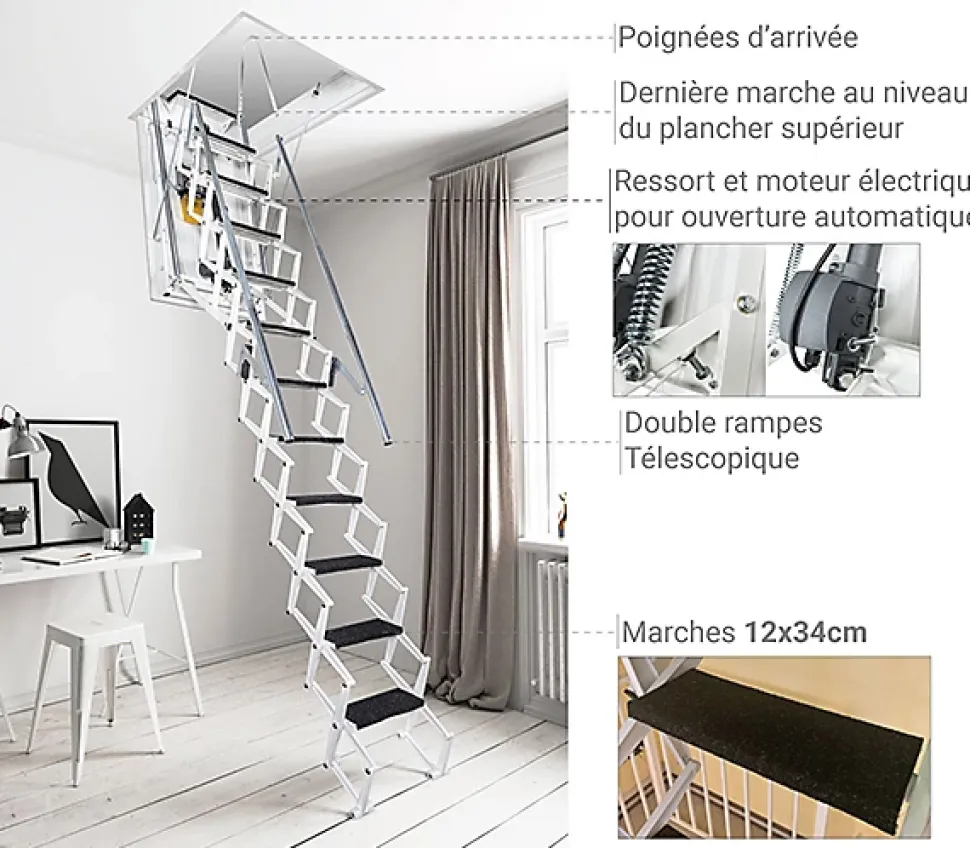 Escalier Grenier Electrique - Trappe 70x110cm - Hauteur 2.76 à 3.05m - ACI-THE300B/110X70