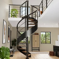 Escalier hélicoïdal FORTIA hêtre et acier noir 13 marches Carilo Ø140cm tournant gauche