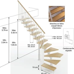 Escalier quart tournant 16 marches - Hauteur à franchir de 3.15 à 3.79m - Largeur 85cm - Limon central - Bois et blanc -