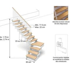 Escalier quart tournant 14 marches - Hauteur à franchir de 2.63 à 3.30m - Largeur 85 cm - Bois et blanc - Rampe horizontale -