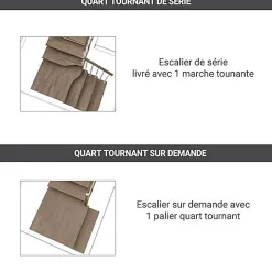 Escalier quart tournant 14 marches - Hauteur à franchir de 2.63 à 3.30m - Largeur 85 cm - Bois et blanc - Rampe horizontale -