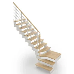 Escalier quart tournant 11 marches - Hauteur à franchir de 2.10 à 2.64m - Largeur 95 cm - Bois et blanc - Rampe horizontale -