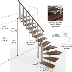 Escalier quart tournant 16 marches - Hauteur à franchir de 3.15 à 3.79m - Largeur 85cm - Limon central - Noyer et anthracite -