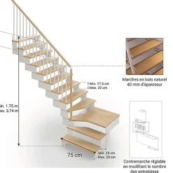 Escalier quart tournant 15 marches - Hauteur à franchir de 2.80 à 3.52m - Largeur 75cm - Bois et blanc - Rampe verticale -
