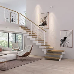 Escalier quart tournant 13 marches - Hauteur à franchir de 2.45 à 3.08m - Largeur 85 cm - Bois et blanc - Rampe horizontale -