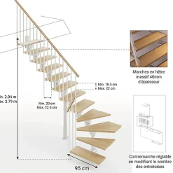 Escalier quart tournant 11 marches - Hauteur à franchir de 2.23 à 2.66m - Largeur 95cm - Limon central - Bois et blanc -