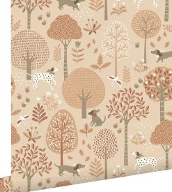 ESTAhome papier peint chiens beige et rose terracotta - 53 cm x 10.05 m - 139711